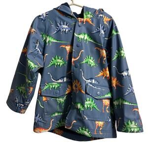 HATLEY Pottery Barn Kids Blue Fleece Lined Hooded Dinosaur Rain Coat Jacket 4